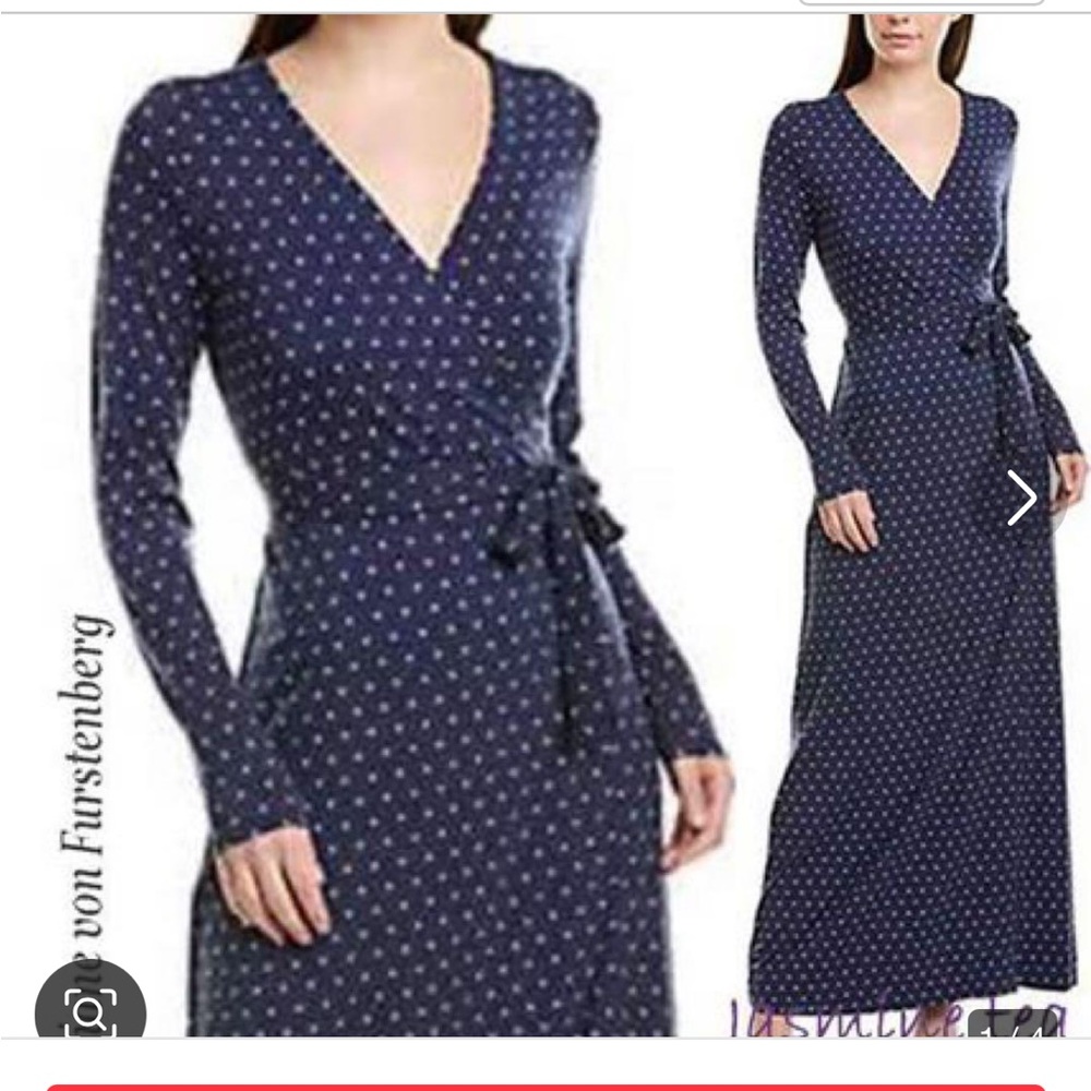 Diane Von Furstenberg navy blue white polka dot shift wrap dress 3/4 sleeve Med